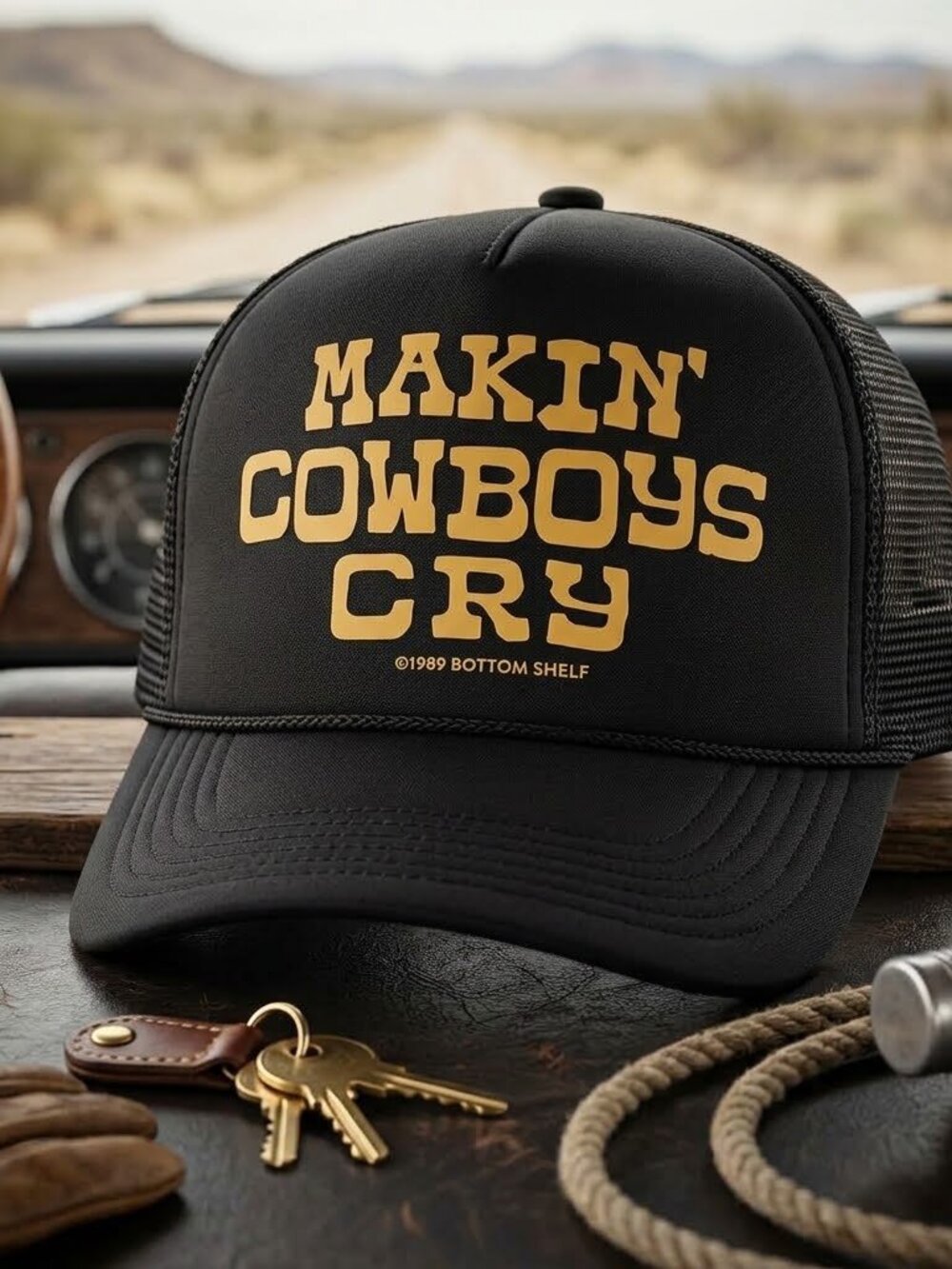 Makin Cowboys Cry Hat Black Gold Foam Rope Snapback Trucker Cap New USA Made 80s